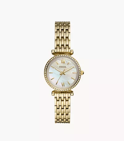 Fossil Quartz dames pols horloge staal met stalen band goudkleurig uit de collectie Carlie. 5 ATM waterdicht.